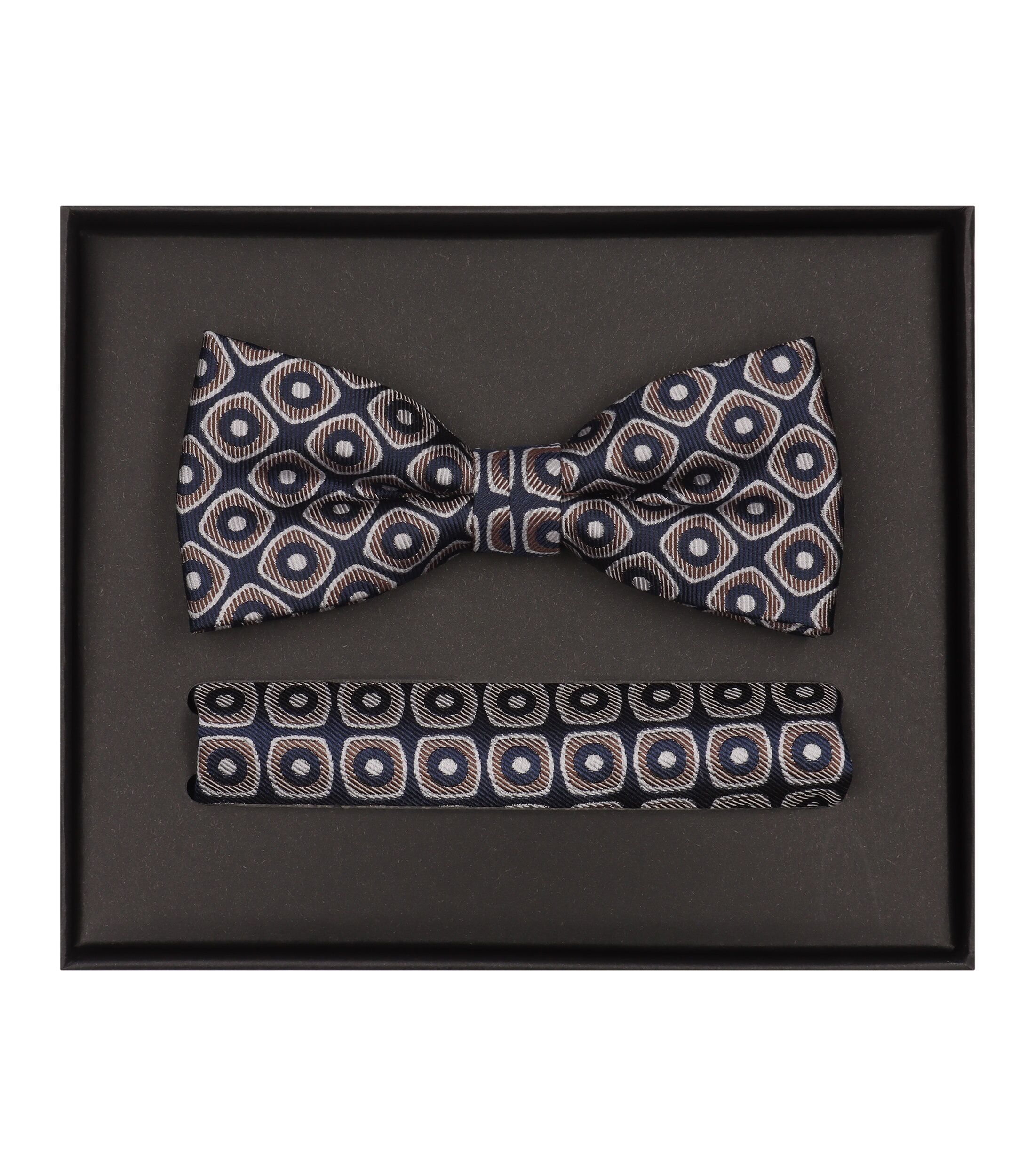 VENTI set met vlinderdas en pochet, donkerblauw, bruin, wit dessin