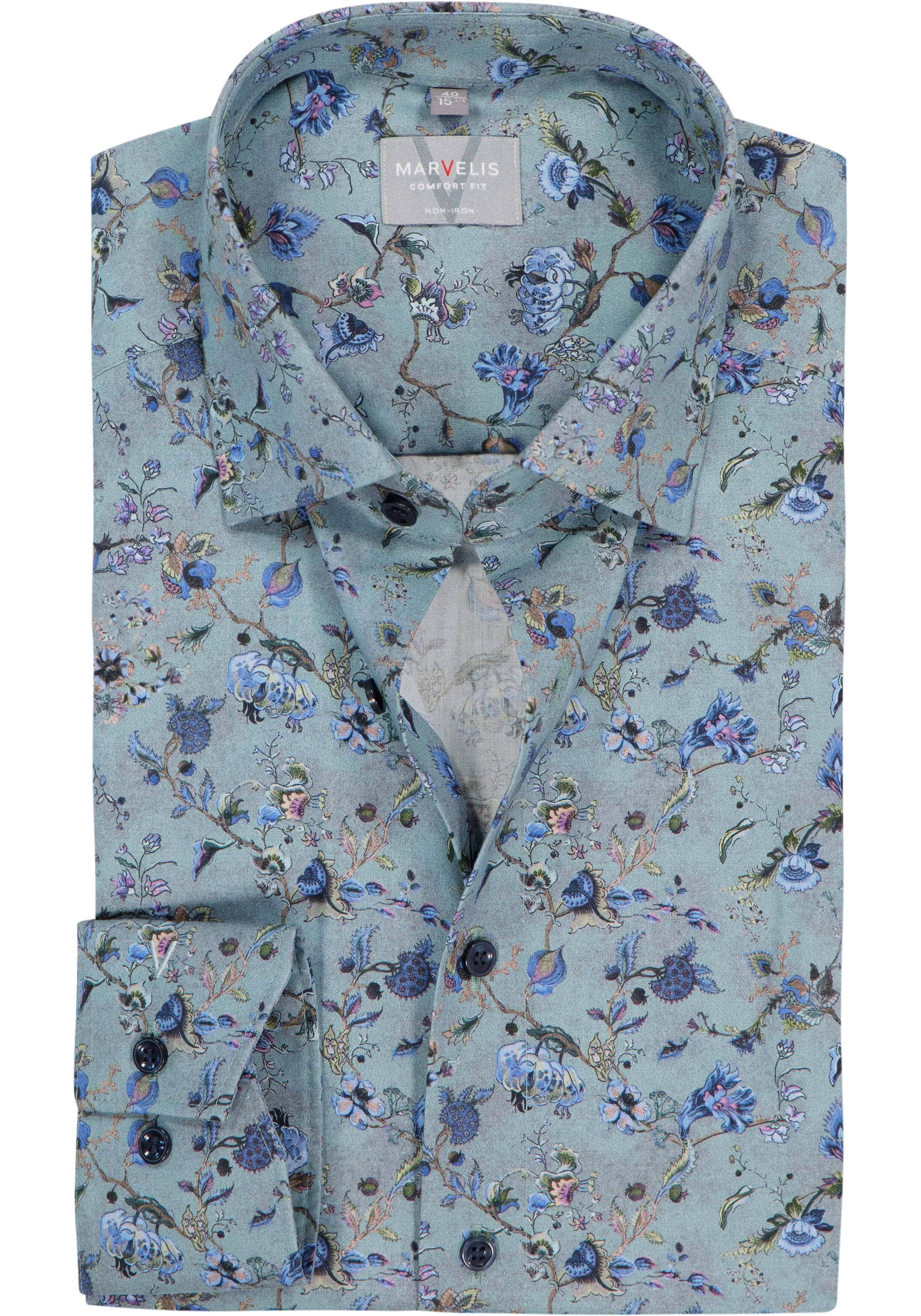 MARVELIS comfort fit overhemd, popeline, groen met blauw en paars bloemen dessin