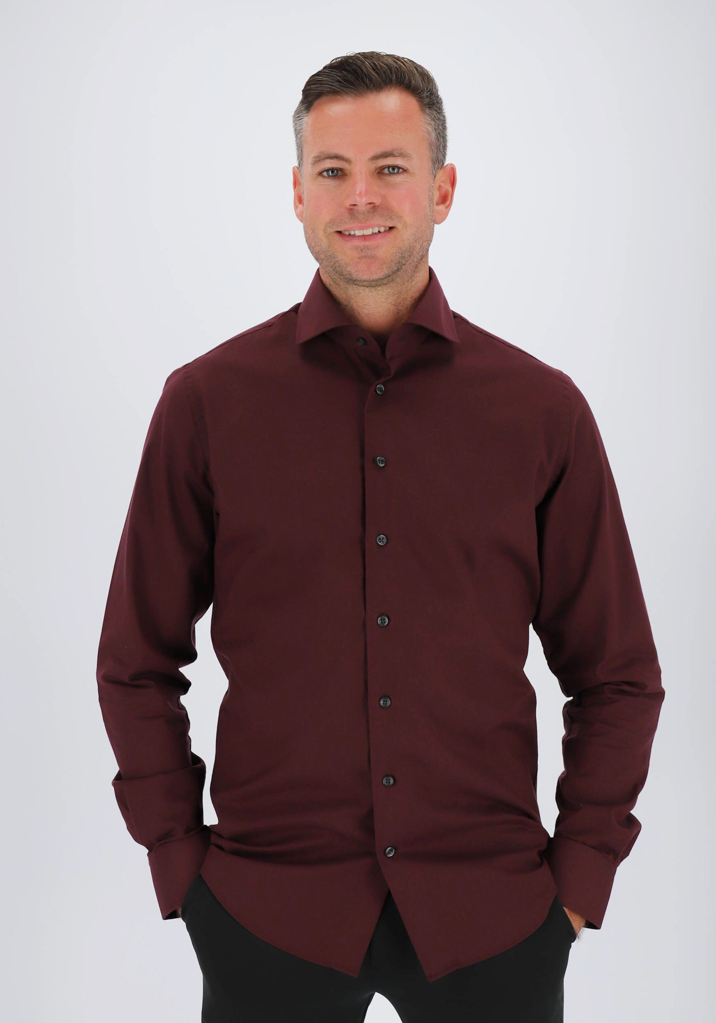 Michaelis slim fit heren overhemd, popeline, bordeauxrood melange