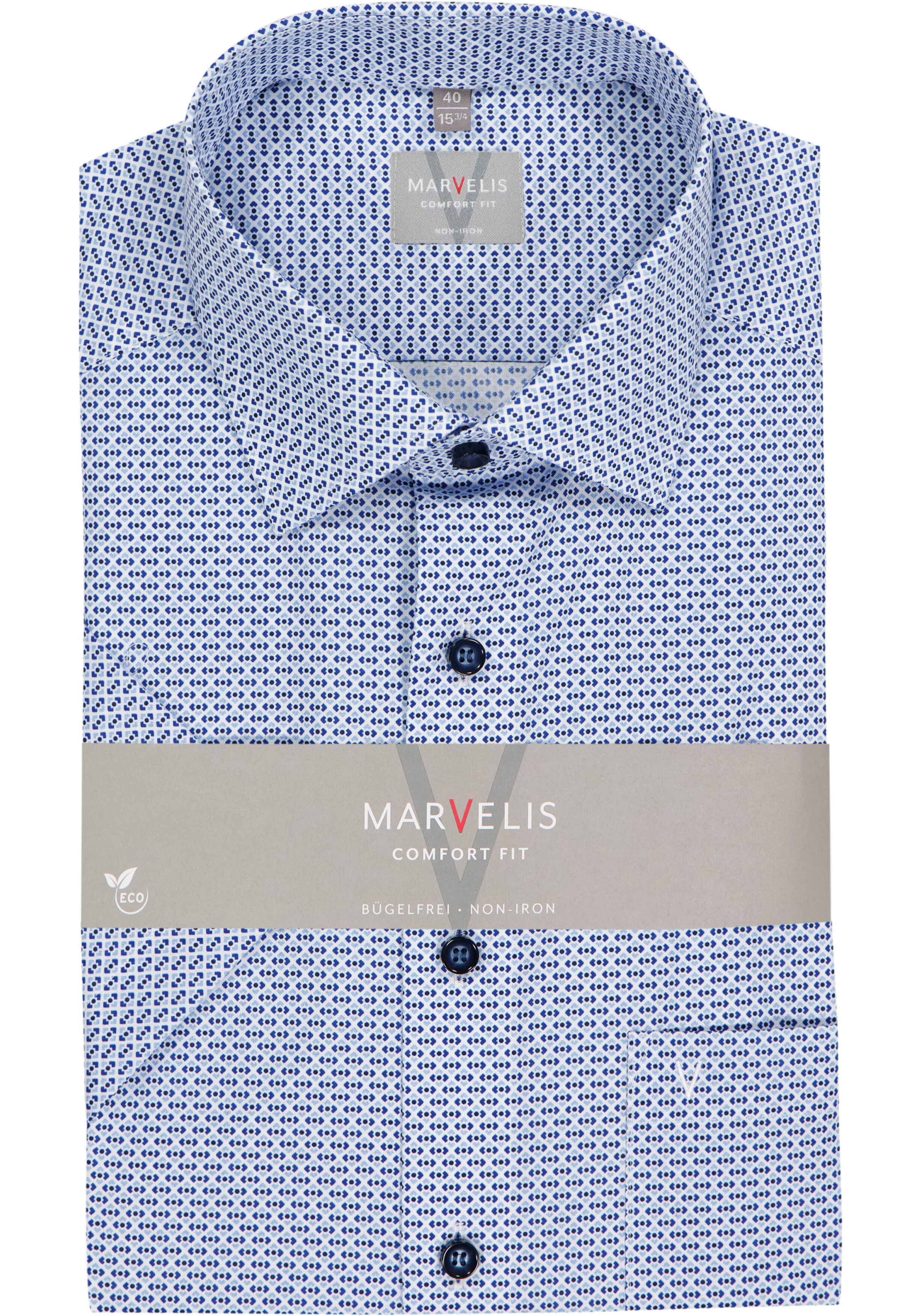 MARVELIS comfort fit overhemd, korte mouw, popeline, wit met licht- en donkerblauw dessin