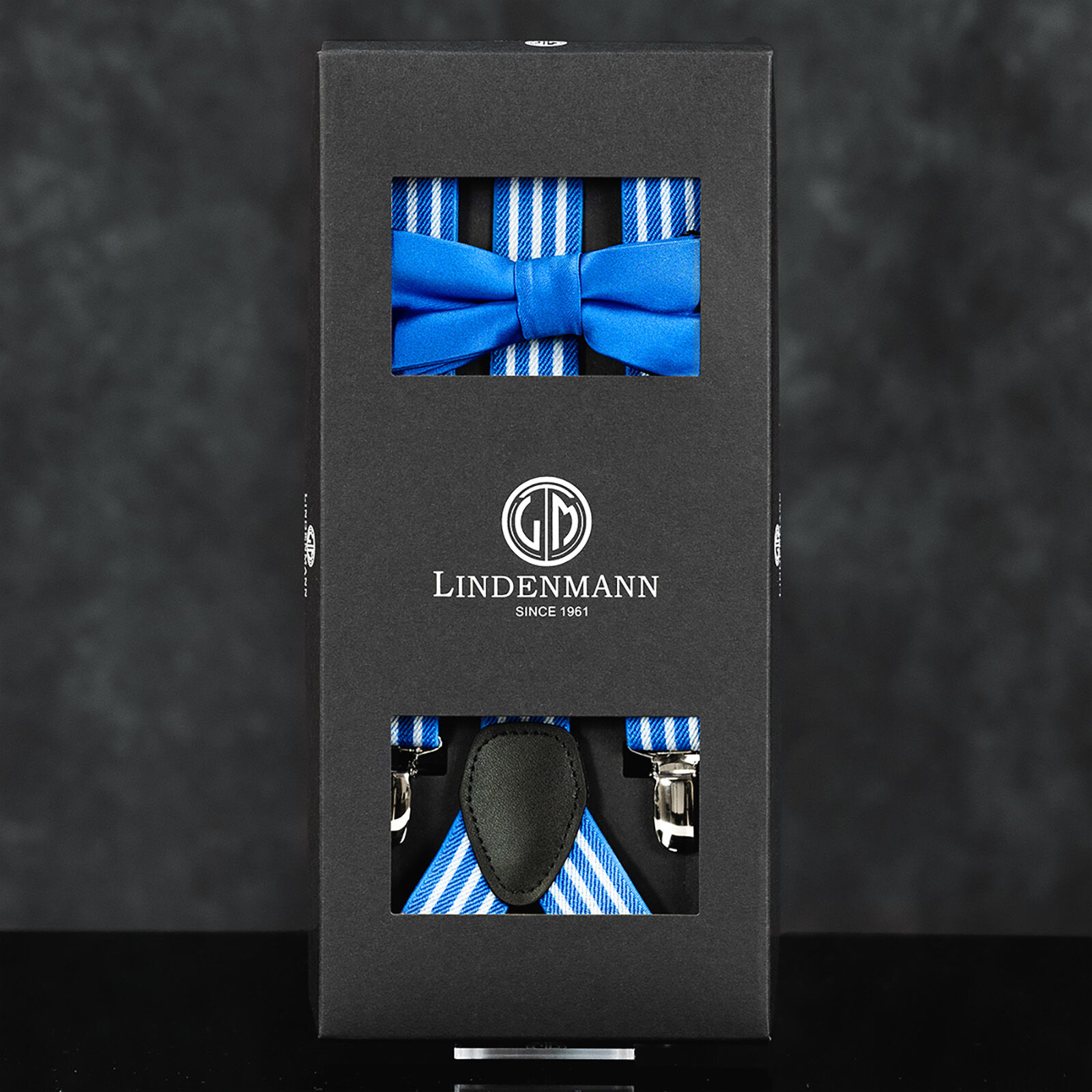 LINDENMANN heren bretels Y-vorm met strikje, blauw gestreept