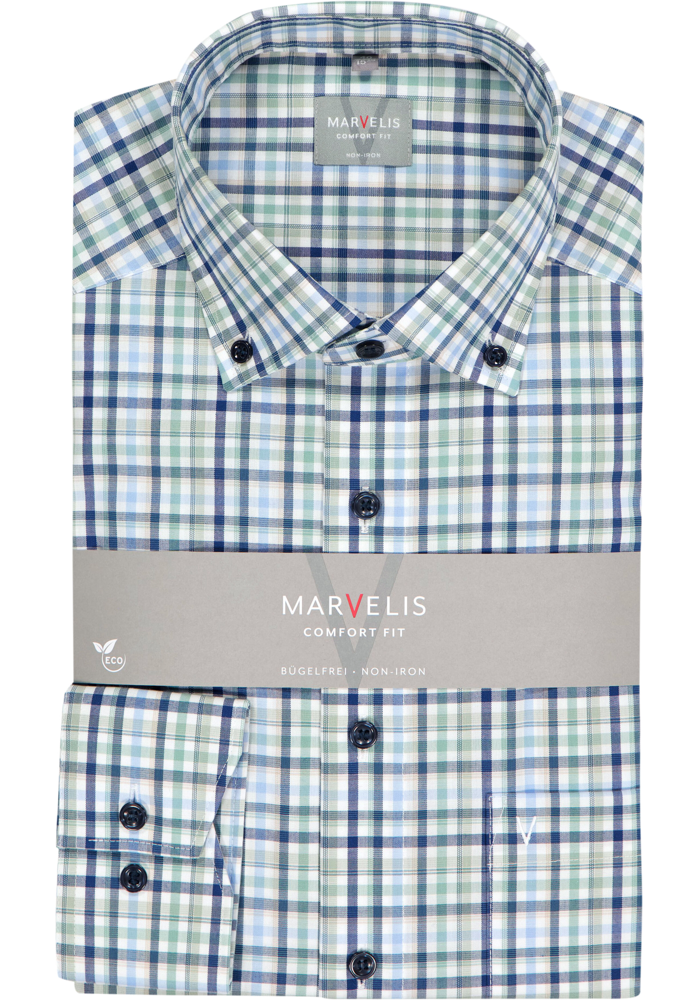 MARVELIS comfort fit overhemd, popeline, wit met blauw en groen geruit