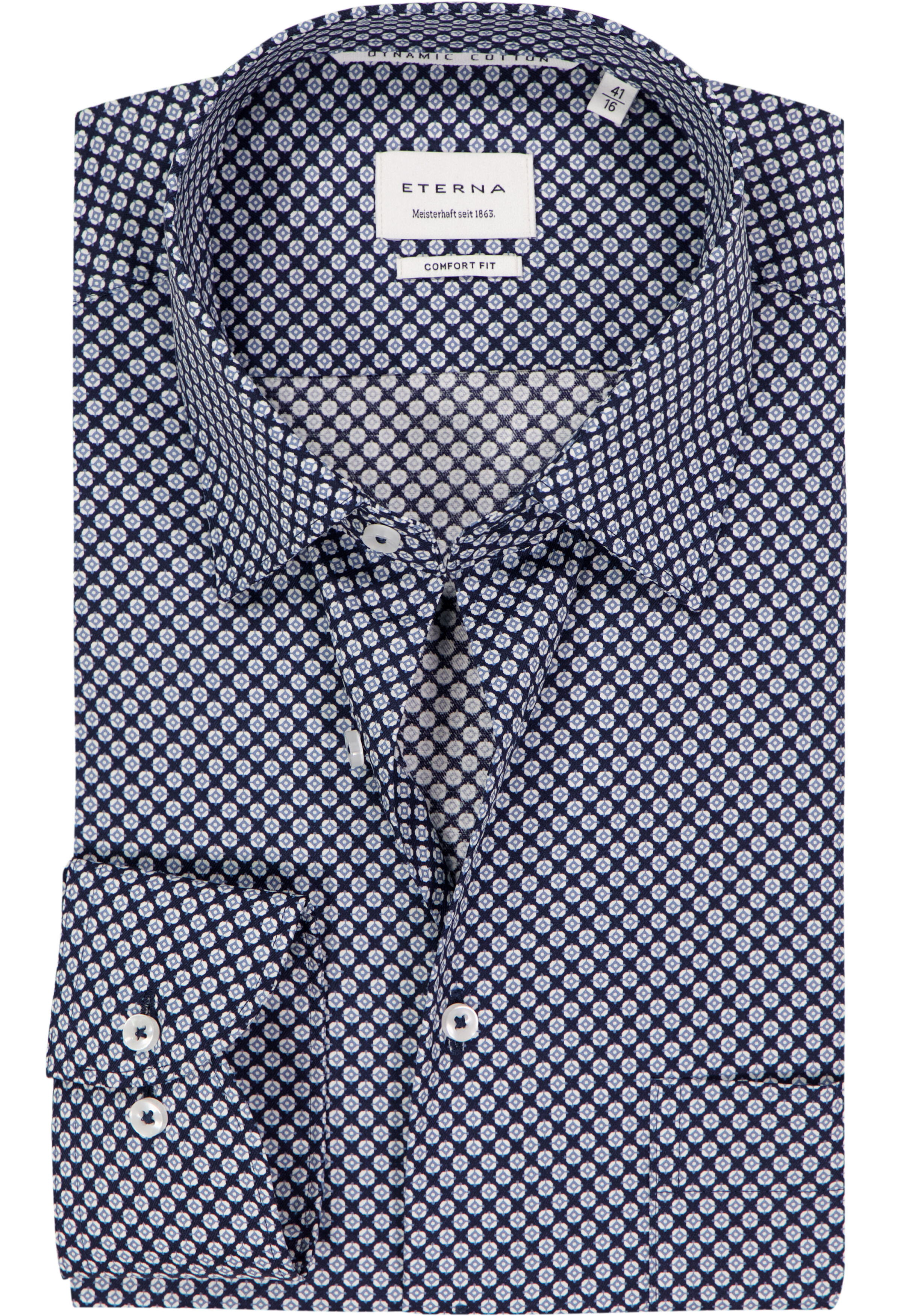 ETERNA comfort fit overhemd, twill, donkerblauw met wit en lichtblauw dessin