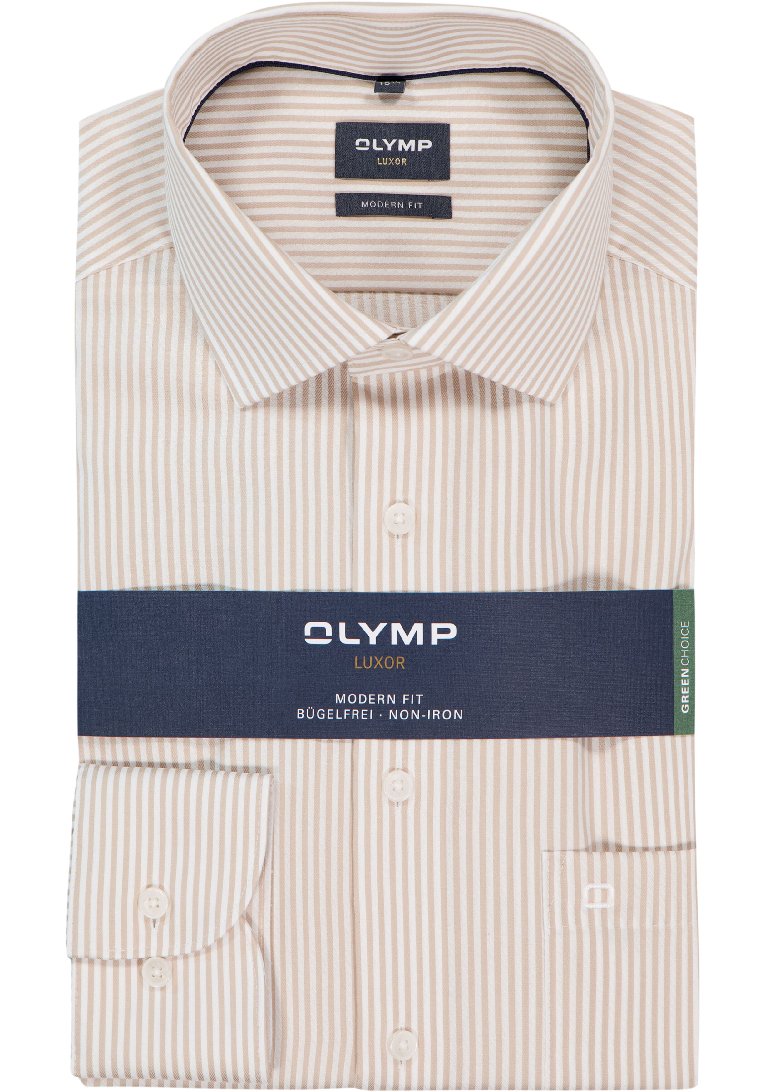 OLYMP Luxor modern fit overhemd, popeline, beige met wit gestreept
