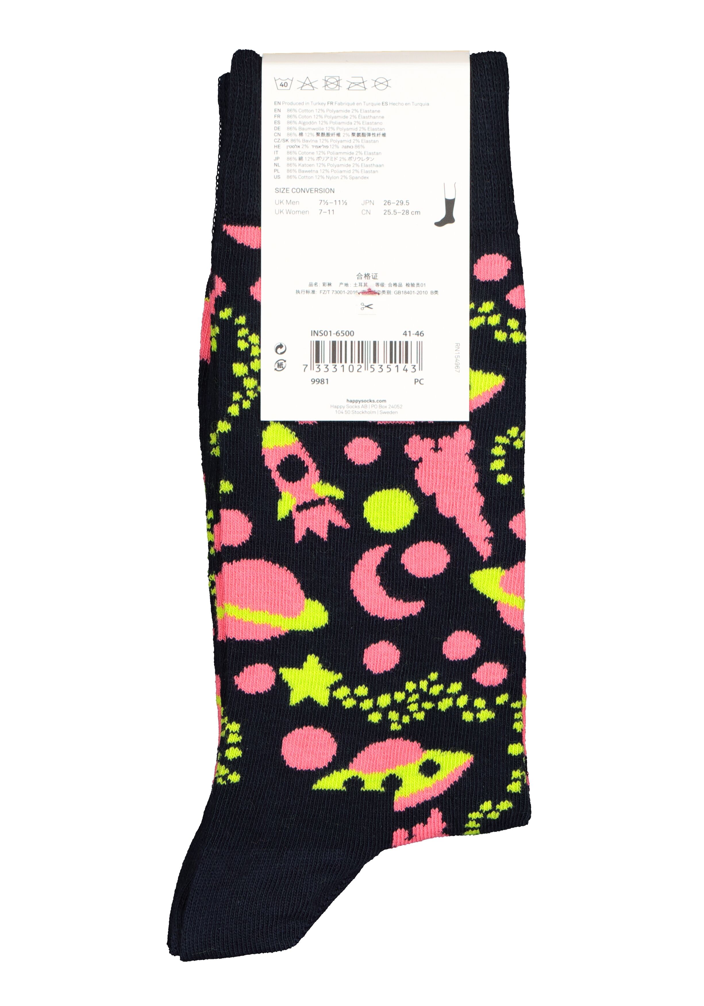 Happy Socks Into Space Sock, blauw met roze ruimte