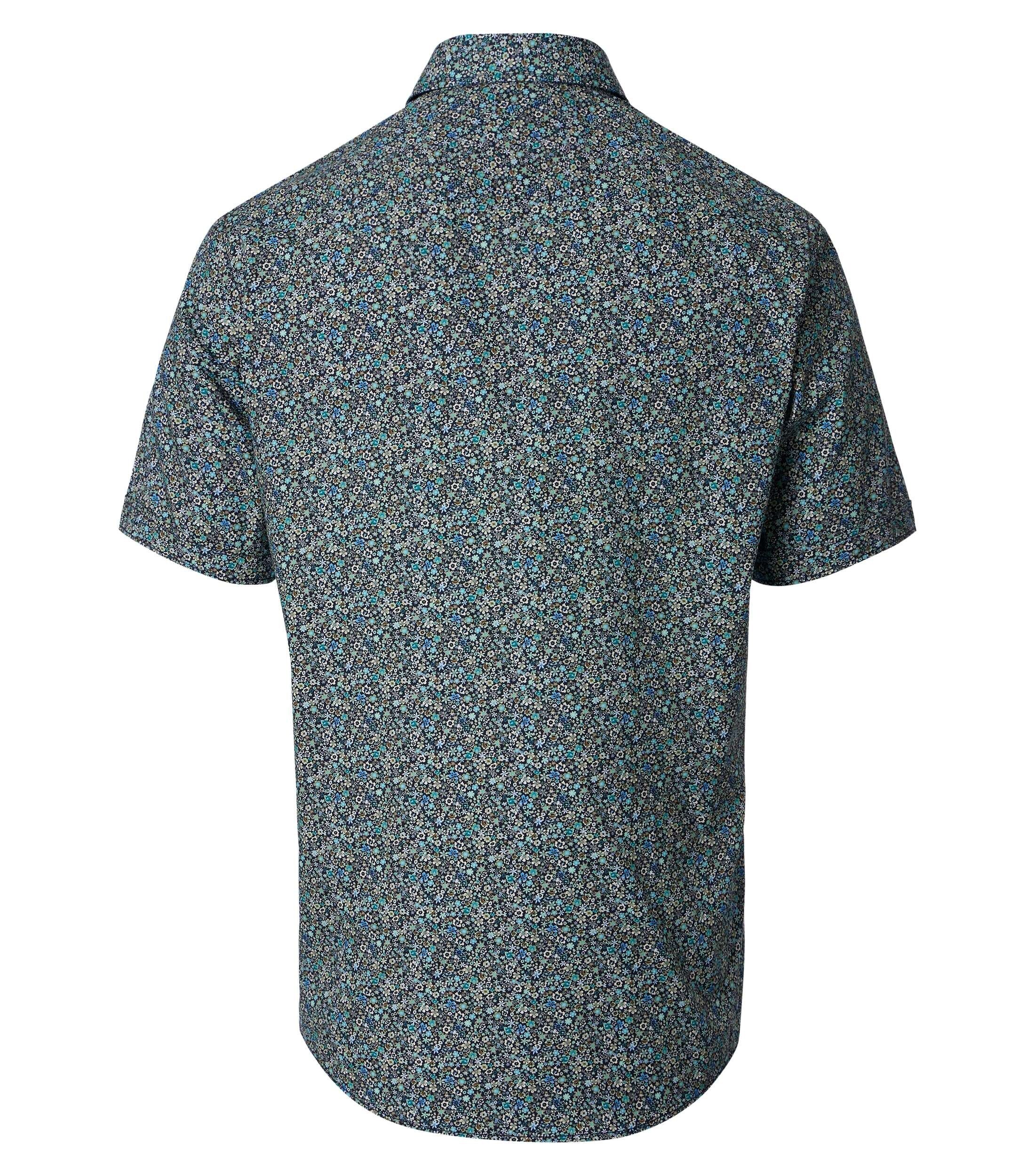 CASA MODA Sport casual fit overhemd, korte mouw, popeline, blauw met groen en grijs fijn bloemetjes dessin