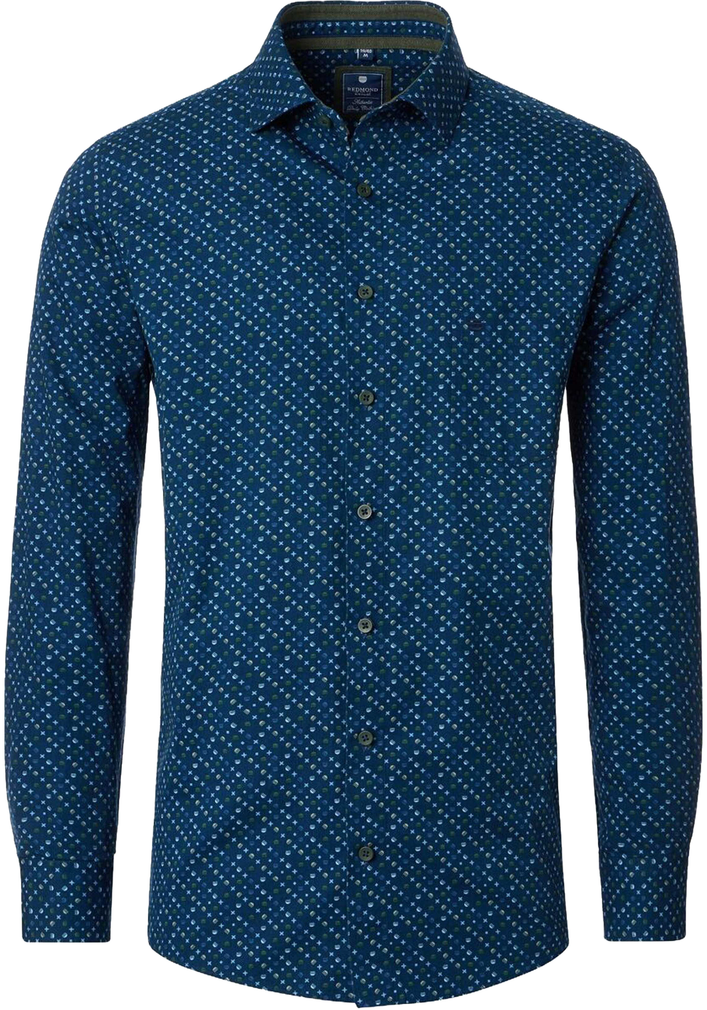 Redmond comfort fit overhemd, popeline, blauw met groen dessin