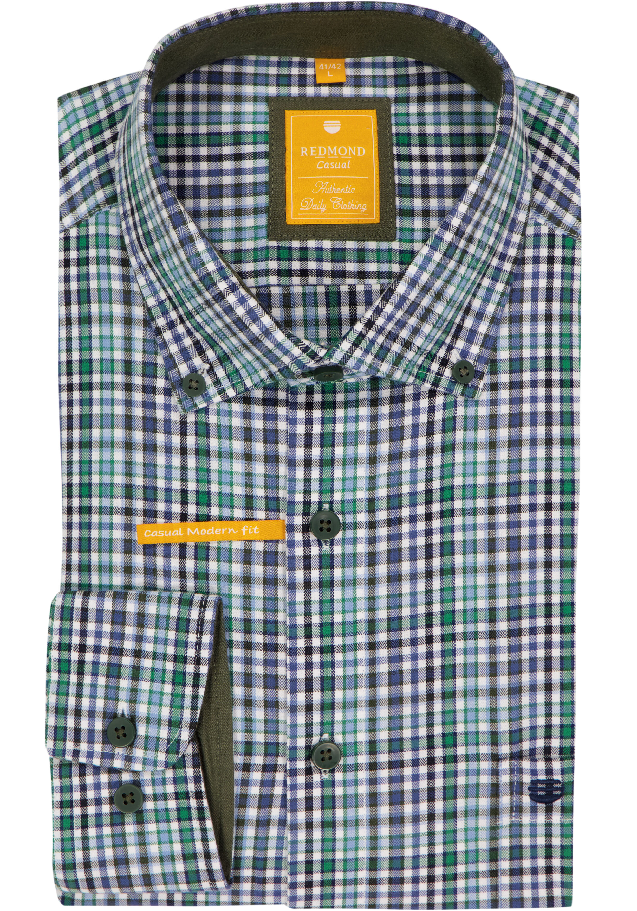 Redmond modern fit overhemd, twill, groen, blauw en wit geruit