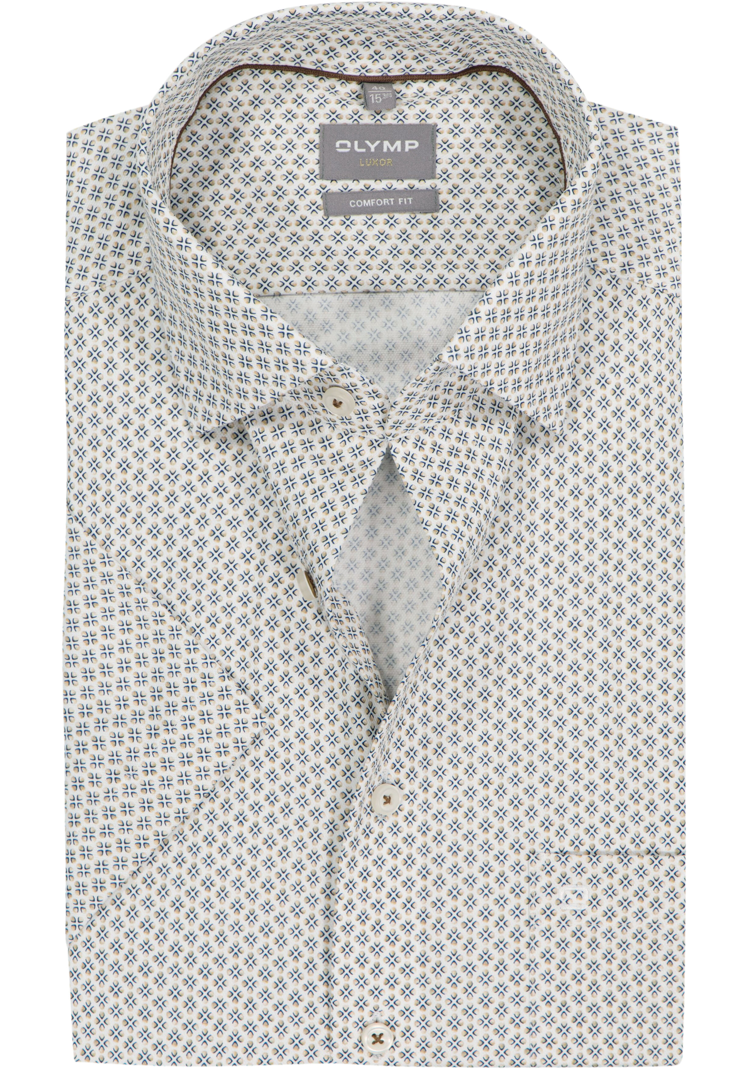 OLYMP Luxor comfort fit overhemd, korte mouw, dobby, wit met blauw en beige dessin