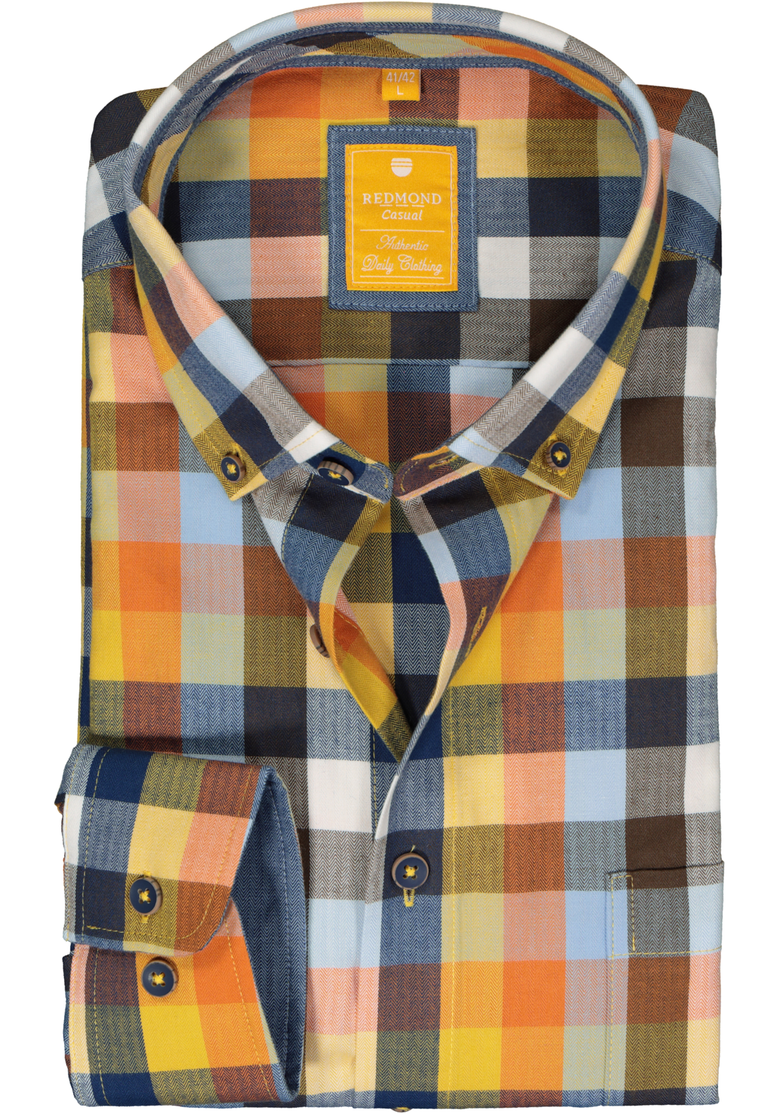1-4061933332299_Redmond_overhemd__HR Redmond modern fit overhemd, herringbone, blauw, oranje en geel geruit