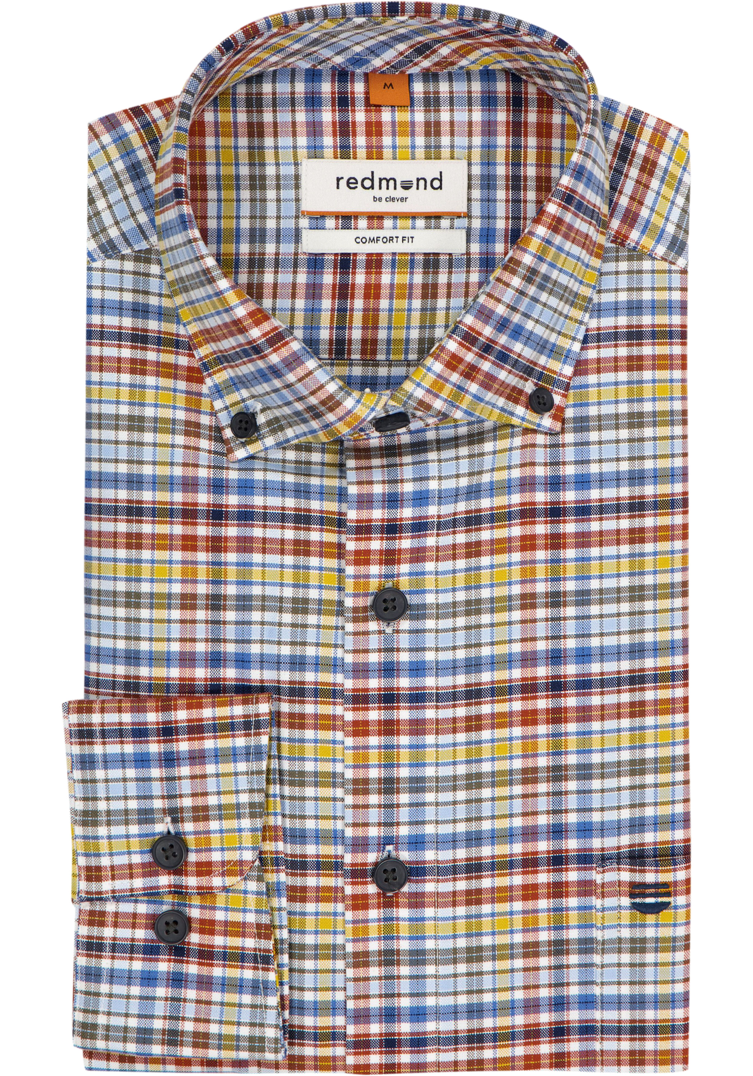 Redmond comfort fit overhemd, Oxford, blauw met wit, groen, geel en bruin geruit