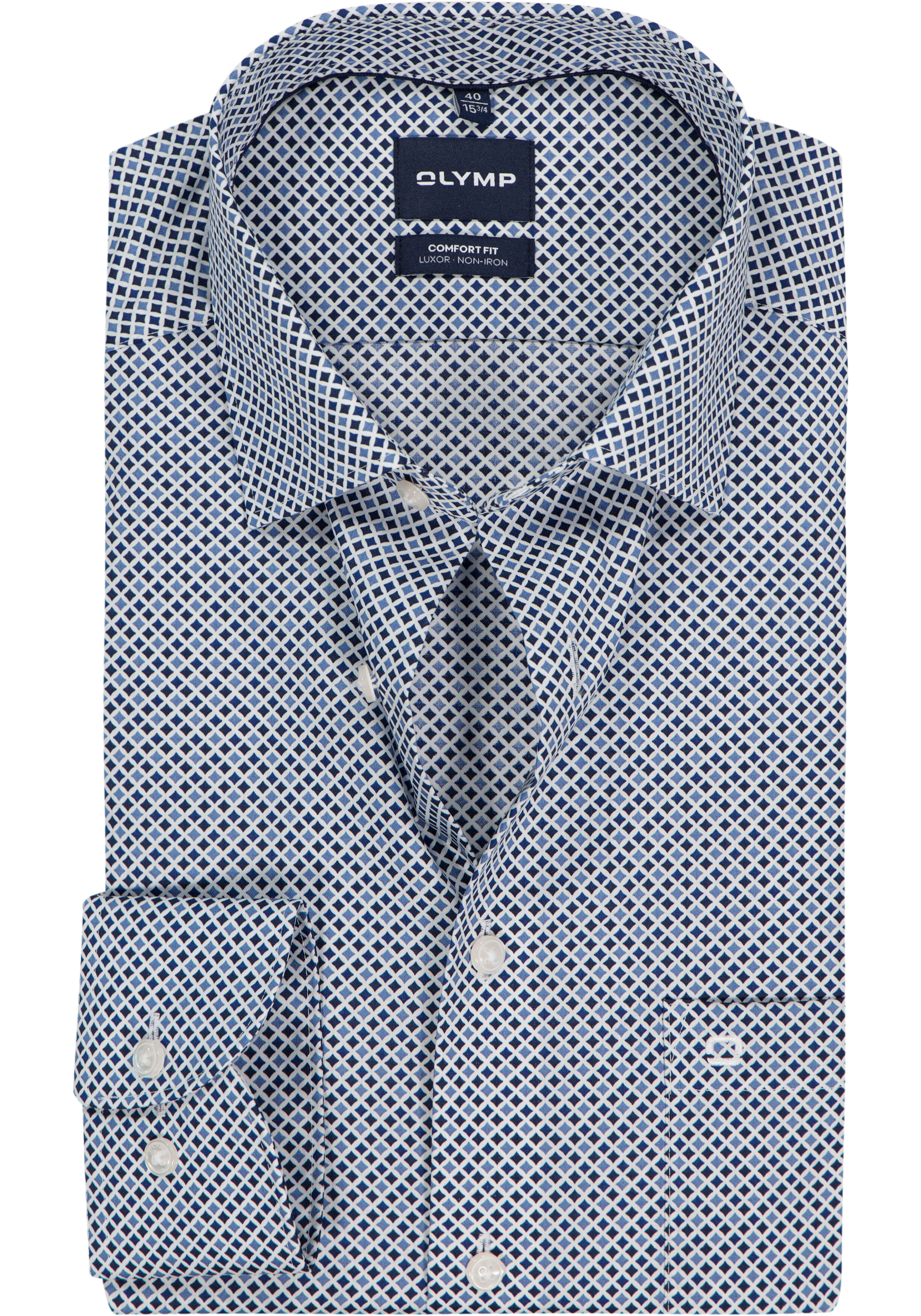 OLYMP Luxor comfort fit overhemd, mouwlengte 7, popeline, wit met licht- en donkerblauw dessin